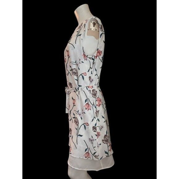 DR2 Medium Floral Sleeveless Pleated Lined Belted Dress Shift Sheath Rainn NWT - Picture 2 of 7